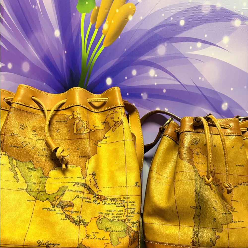 Leather Map Print Drawstring Bucket Bag - Yellow - Picture 8 of 8